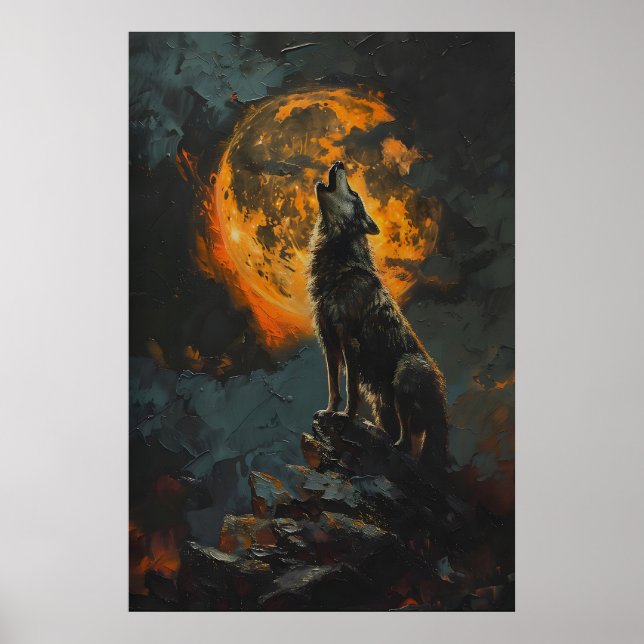 Affiche Loup hurlant à la pleine lune orange imprimable hu (Devant)