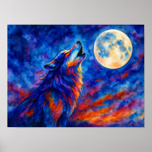 Affiche Loup hurlant aquarelle colorée & pleine lune