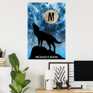 Affiche Loup hurlant pleine lune bleu noir Monogramme pers