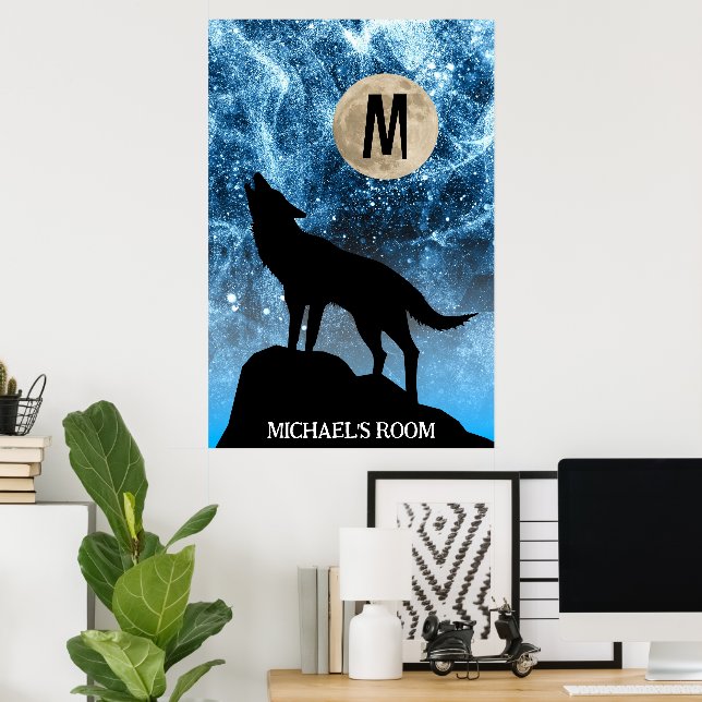 Affiche Loup hurlant pleine lune bleu noir Monogramme pers (Bureau à domicile)