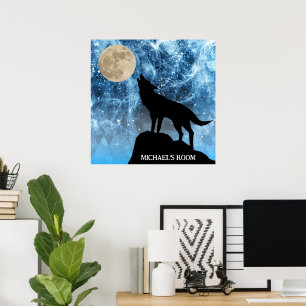 Affiche Loup hurlant pleine lune bleu noir Nom personnalis