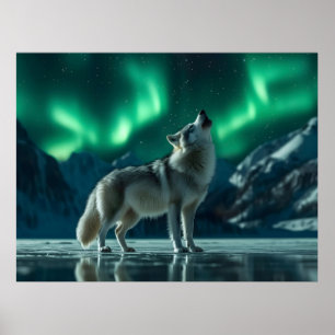 Affiche Loup hurlant sous les lumières du Nord