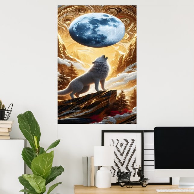 Affiche Loup hurlant sous les monts Lune (Bureau à domicile)