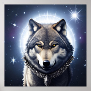 Affiche Loup Majestueux Sous un Ciel Étoilé
