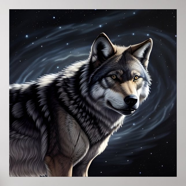 Affiche Loup Majestueux Sous un Ciel Étoilé (Devant)