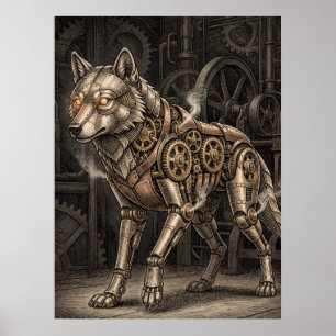 Affiche Loup mécanique Steampunk engrenages en laiton vict