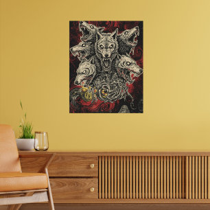 Affiche Loup mythique multi-tête dans des tourbillons somb