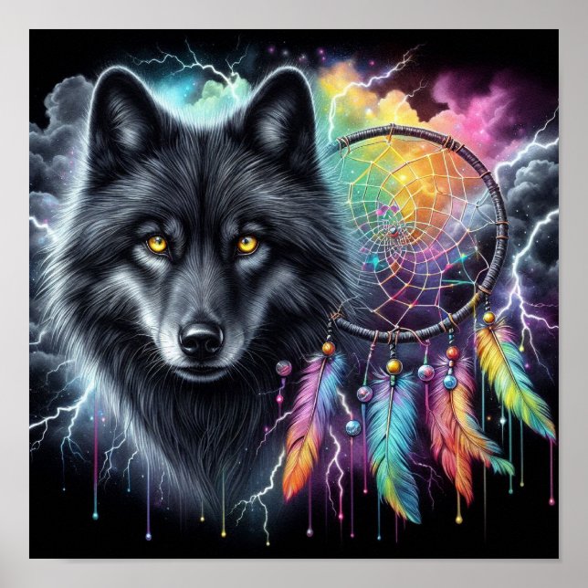 Affiche Loup noir avec attrape-rêves (Devant)