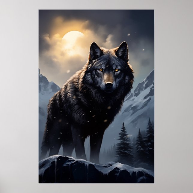 Affiche Loup noir dans les montagnes de neige (Devant)