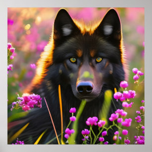 Affiche Loup noir en fleurs roses