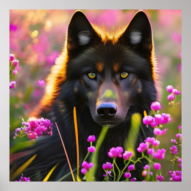 Affiche Loup noir en fleurs roses (Devant)