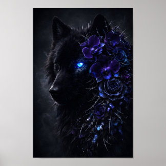 Affiche Loup noir gothique aux yeux bleus lumineux et fleu