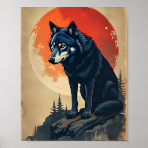 Affiche Loup noir sous lune de sang