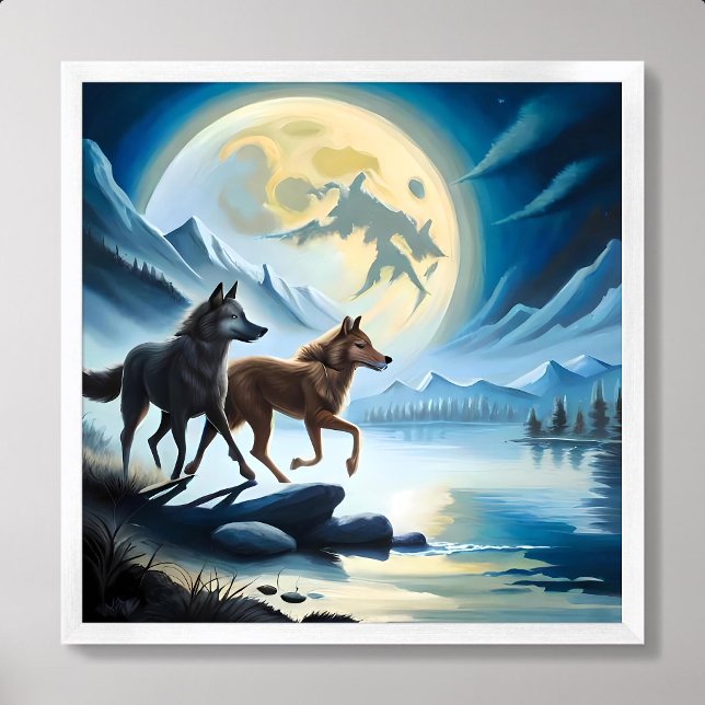Affiche loup peinture lune rivière nuit noire roche de mon (wolf painting moon river dark night mountain rock)