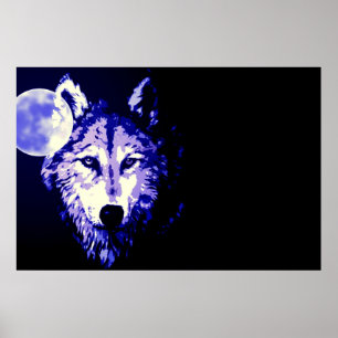 Affiche Loup Pleine Lune Bleu Noir
