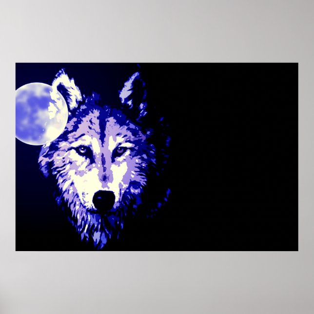 Affiche Loup Pleine Lune Bleu Noir (Devant)
