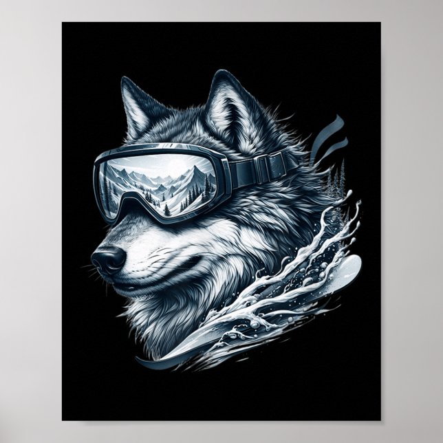 Affiche Loup portant des lunettes de ski snowboard Loup fa (Devant)