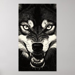 Affiche Loup qui grogne, Style graphique noir et blanc des