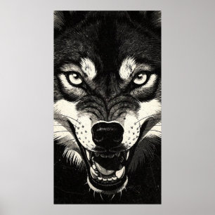 Affiche Loup qui gronde 50s Style Graphique Noir Blanc
