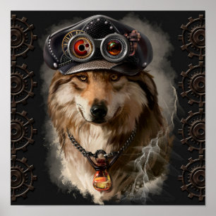 Affiche Loup rouge dans un casquette steampunk