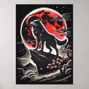 Affiche Loup solitaire dans la lune rouge - Art de tatouag