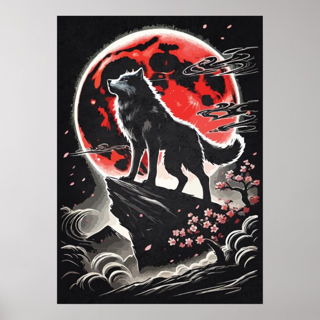 Affiche Loup solitaire dans la lune rouge - Art de tatouag (Devant)
