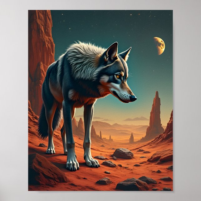 Affiche Loup solitaire dans le désert de mars l'espace (Devant)