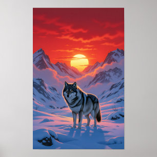Affiche Loup solitaire debout contre le coucher du soleil