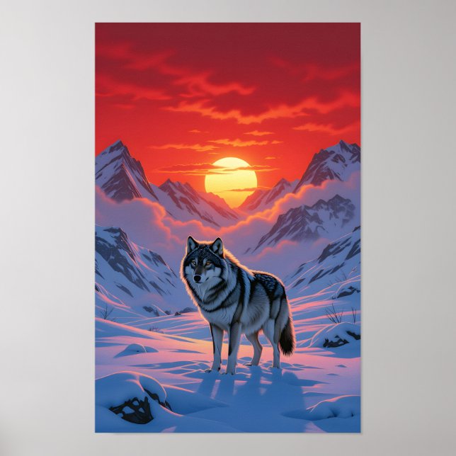 Affiche Loup solitaire debout contre le coucher du soleil (Devant)