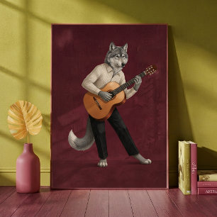 Affiche Loup Sophistiqué Jouant de la Guitare Acoustique A