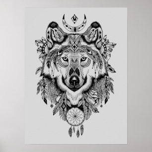 Affiche Loup tribal indien