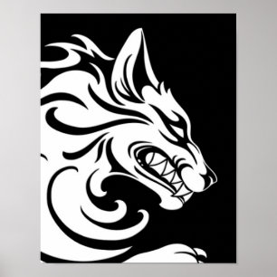 Affiche Loup tribal noir et blanc agressif