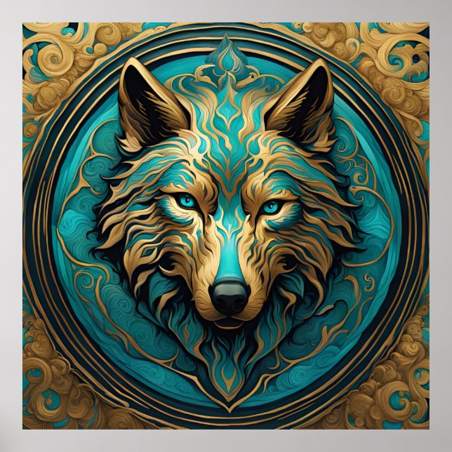 Affiche Loup Turquoise et Or (Devant)