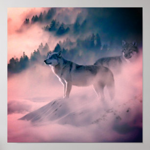 Affiche loups au lever du soleil