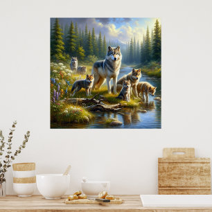 Affiche Loups de meute Loups Ruisseau Nature Faune 