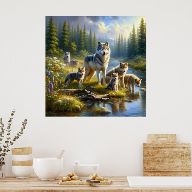 Affiche Loups de meute Loups Ruisseau Nature Faune  (Cuisine)