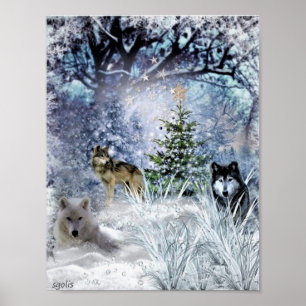 Affiche Loups en hiver Noël dans les bois