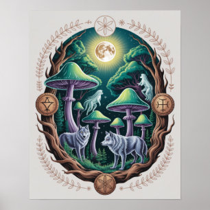 Affiche Loups enchantés au clair de lune et champignons ps