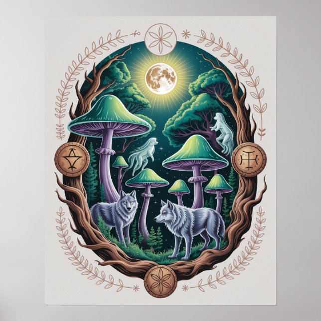 Affiche Loups enchantés au clair de lune et champignons ps (Devant)