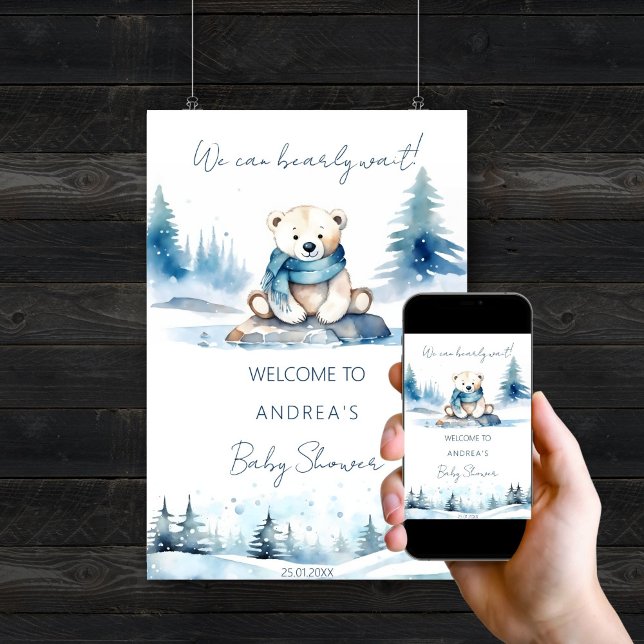 Affiche L'ours polaire hiver l'attente d'attente baby show (Polar bear winter bearly wait baby shower editable template welcome poster digital download cute)