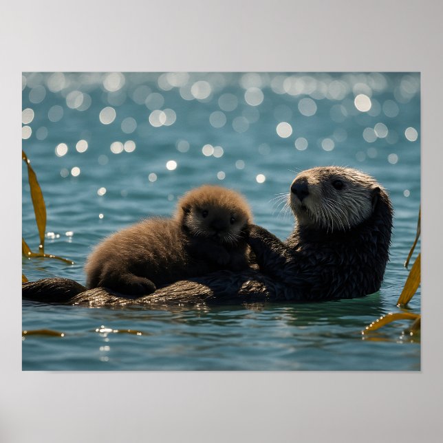 Affiche Loutre de mer maman et bébé flottant dans l'océan  (Devant)