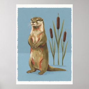 Affiche Loutre de rivière debout et roseaux Art populaire