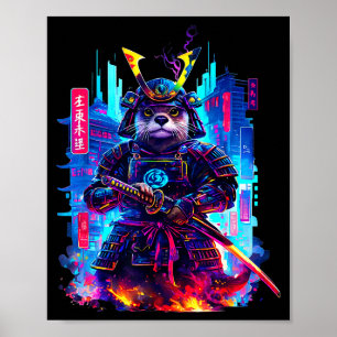 Affiche Loutre Katana Cyberpunk Néon Samouraï Art Japonais