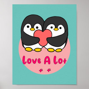 Affiche Love a lot Kawaii cute penguins holding red heart