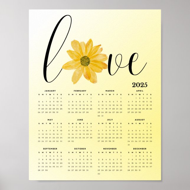 Affiche Love and Flowers Yellow 2025 Wall Calendar (Devant)
