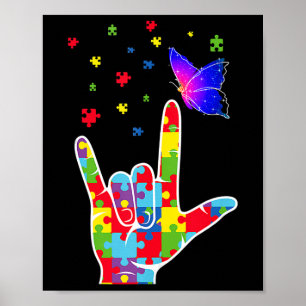 Affiche Love ASL Signal Langue Puzzle Papillon Autisme Awa