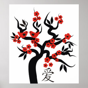Affiche Love Birds Chinese Love Symbol On Sakura Tree