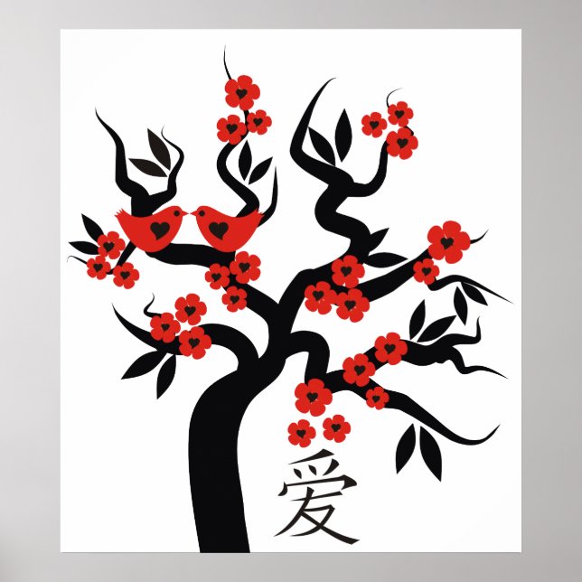 Affiche Love Birds Chinese Love Symbol On Sakura Tree (Devant)