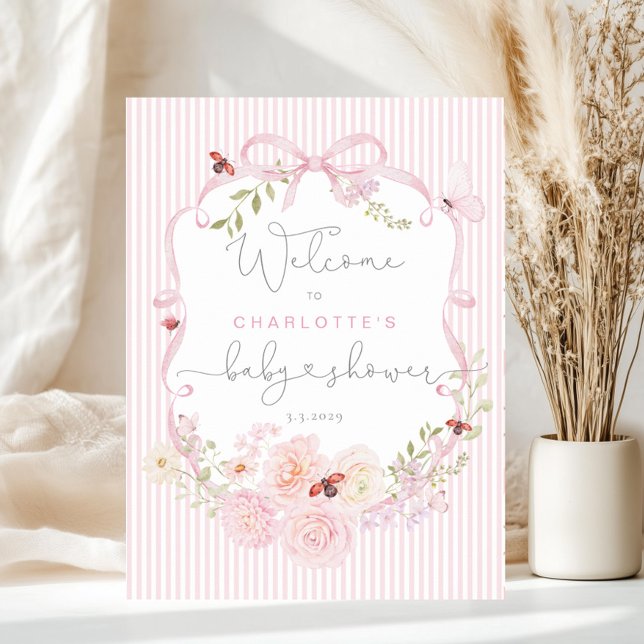 Affiche Love Bug Pink Bow Stripes Baby Shower Welcome (Créateur téléchargé)
