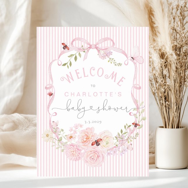 Affiche Love Bug Pink Bow Stripes Baby Shower Welcome Foam (Créateur téléchargé)